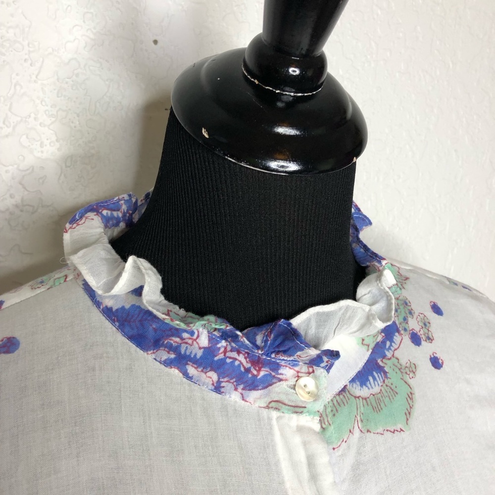 Oliphant Portofino white blue floral button front ruffle trim maxi dress Small - Picture 7 of 16